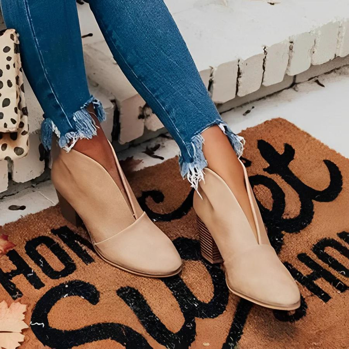 Drune | Damen Hohe Ferse Ankle Boots, V-form Öffnung, Slipper, Chic und Elegant
