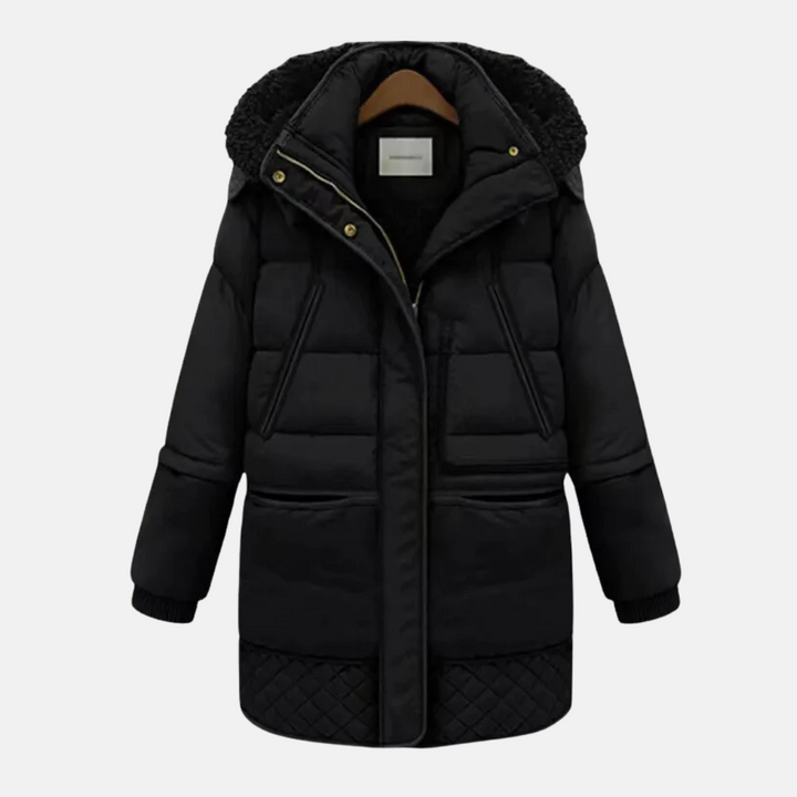 Drune | Damen Steppmantel – Oversized Lässiger Schnitt – Plüschkapuze – Rippbündchen – Mittellange Länge