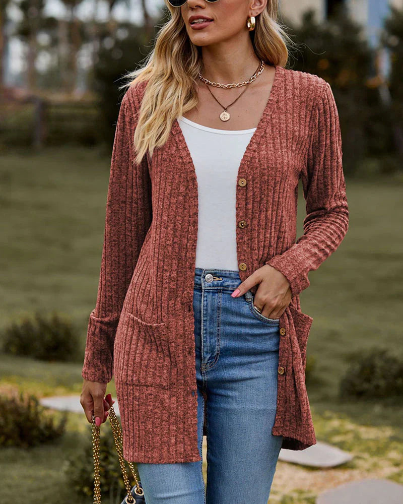 Drune | Strickjacke Lockere Passform Rippstrick Knopfverschluss Oberschenkellang mit Taschen