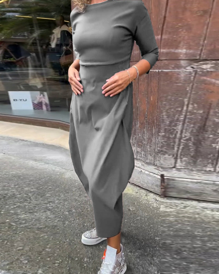 Drune | Schlichtes Einfarbiges Elegantes Kleid mit Langen Ärmeln und Tasche