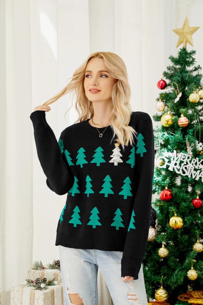 Drune | Funkelnder Pailletten Weihnachtbaum Strickpullover