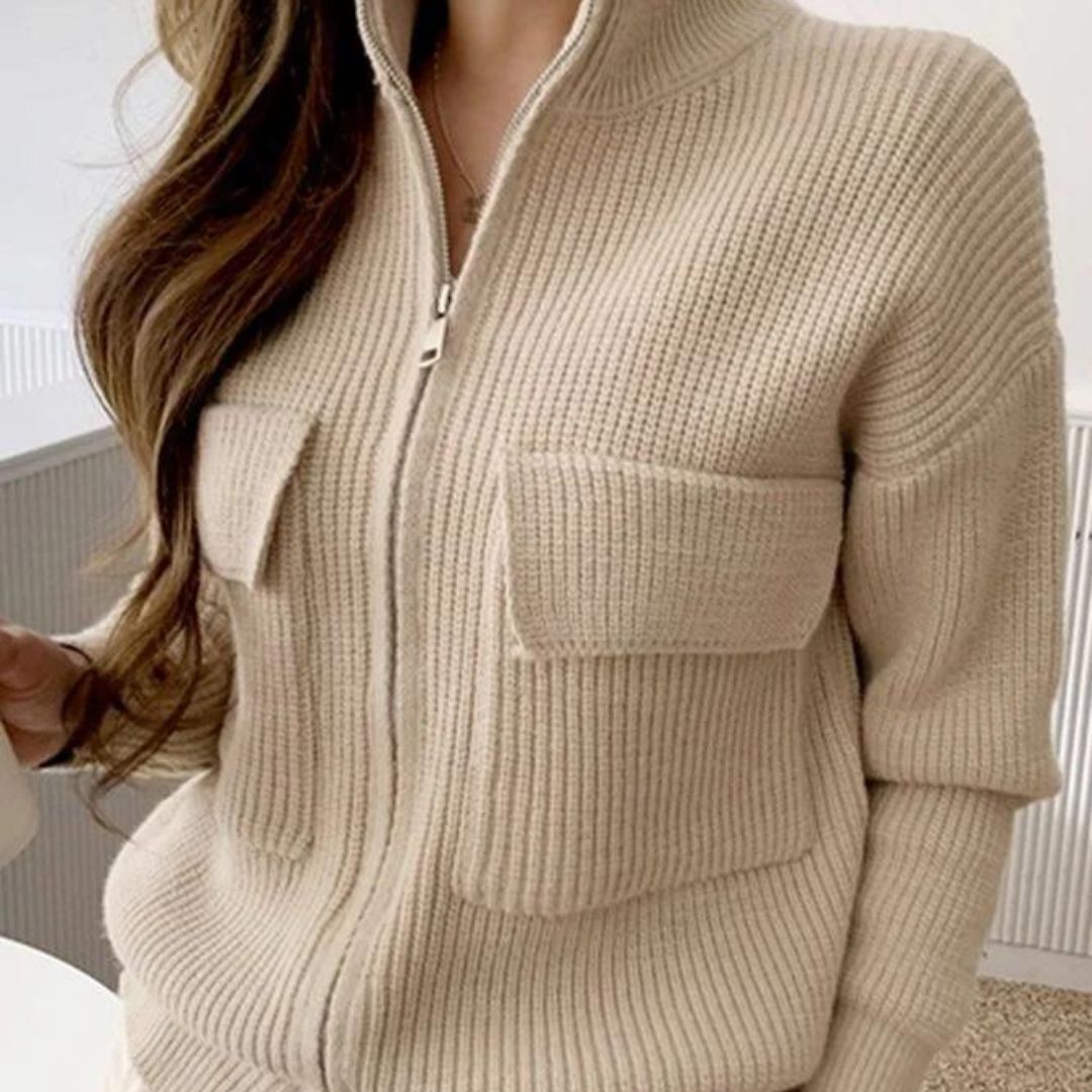 Drune | Beige Einfarbig Langarm Pullover mit hohem Ausschnitt