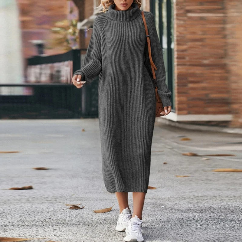 Drune | Bequeme Damen Maxi Pullover Kleid mit Kragen