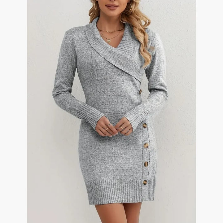 Drune | Elegantes Kleid mit Knopfdekoration im V-Ausschnitt für Frauen