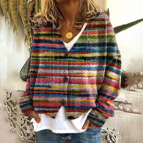 Drune | Modische, bedruckte Strickjacke mit V-Ausschnitt und Knöpfen