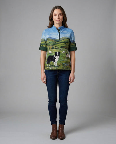 Drune | Gemütlicher Kapuzen-Cardigan mit Border Collie & Schaf-Filzkunst