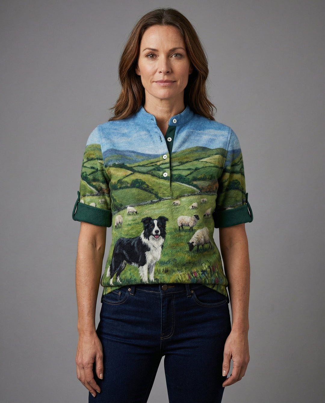 Drune | Gemütlicher Kapuzen-Cardigan mit Border Collie & Schaf-Filzkunst