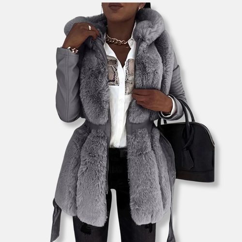 Drune | Damen Mid-Length Mantel – Faux Fur Front – Taillierte Passform – Gürtelschlaufe in der Taille – Lange Ärmel