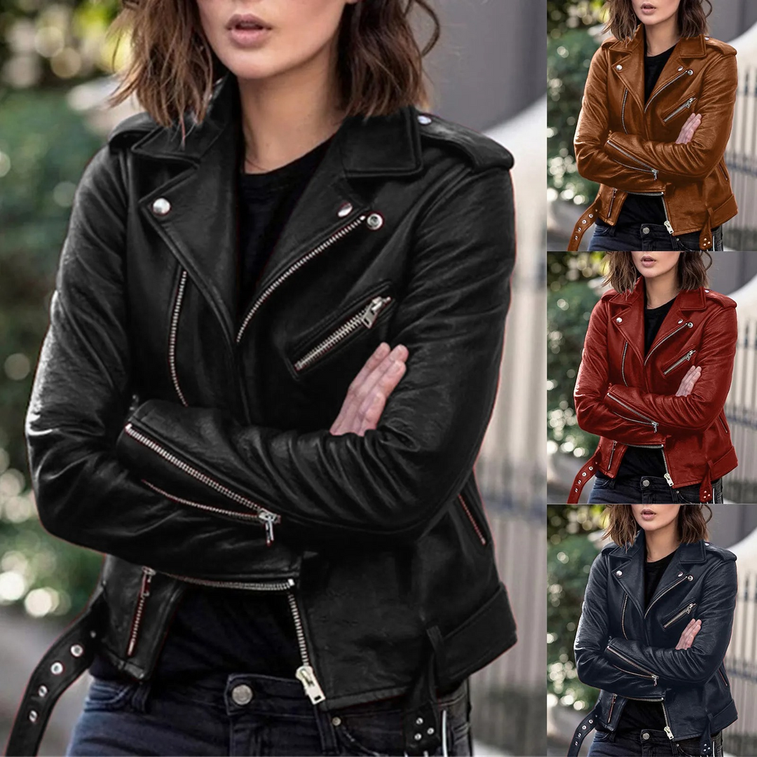 Drune | Jacke Damen Biker Modell mit Gürtel und Reißverschlussdetails