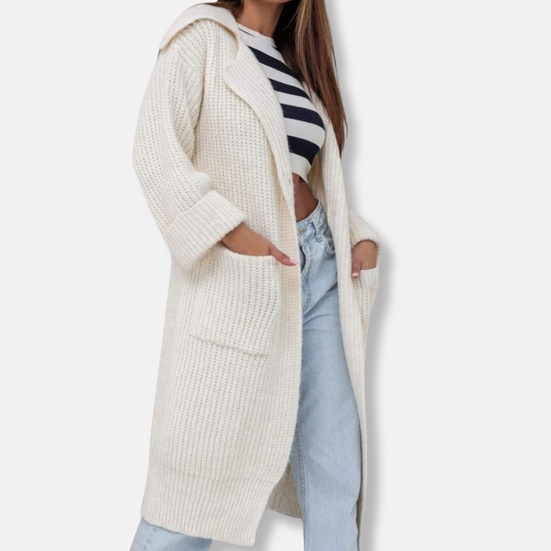 Drune | Lange Strickjacke Wollmischung Übergröße Passform Kapuze und Taschen