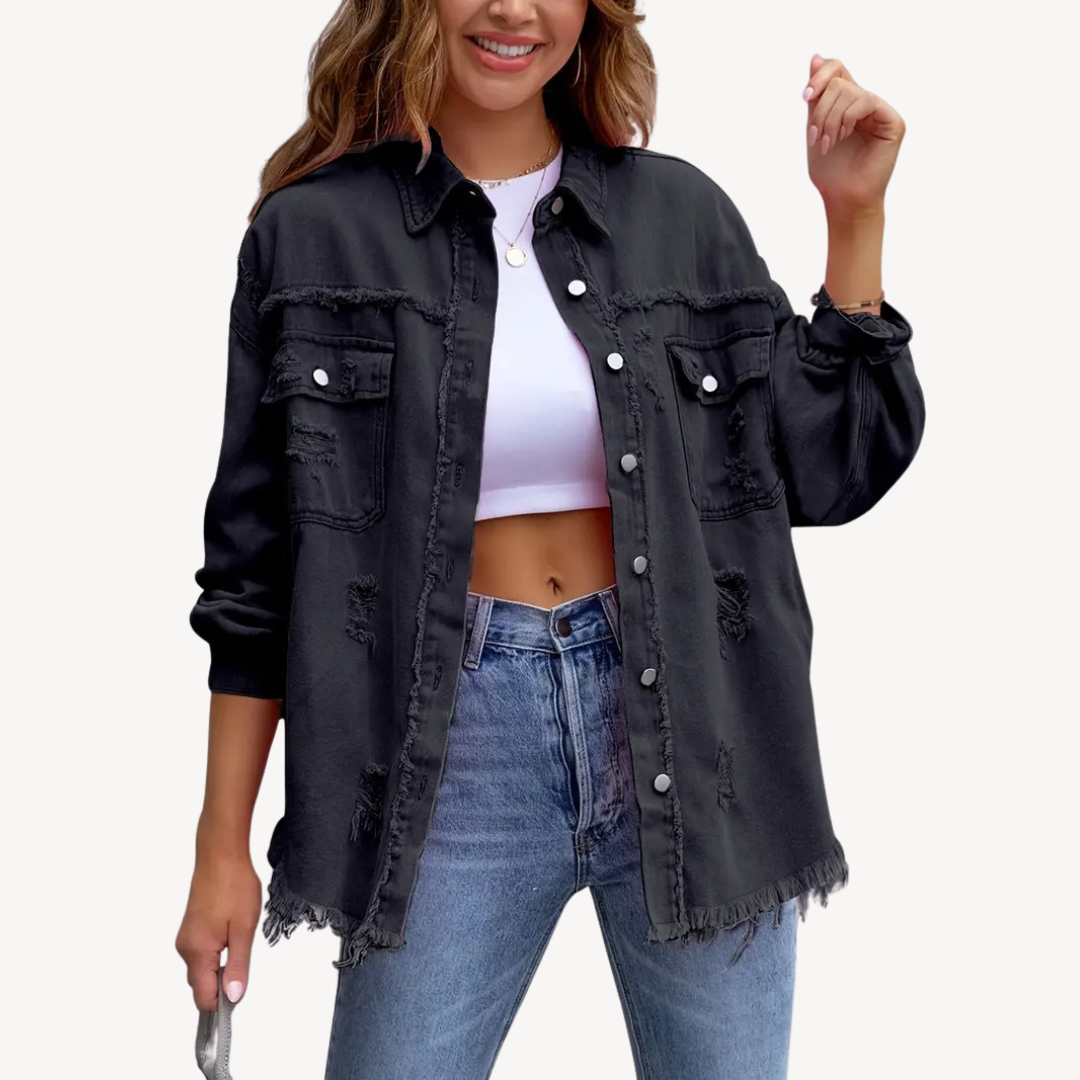 Drune | Schwarze distressed Denim Button-Up Jacke
