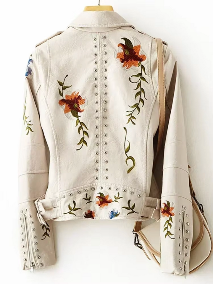 Drune | Lederjacke Taillierte Passform Bestickte Blumen Nieten Biker Stil