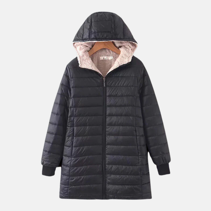 Drune | Damen Steppmantel – Mittellanger, lockerer Schnitt – Fleece-Hood – Wasserabweisend – Reißverschluss vorne