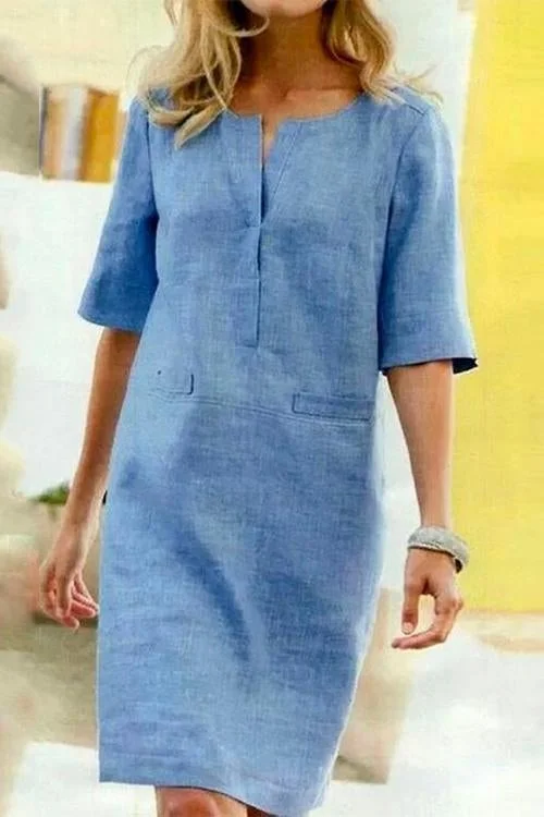 Drune | Gerade Kleid mit Kurzen Ärmeln aus Baumwolle und Leinen