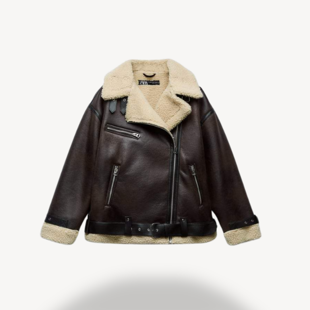 Drune | Damen Faux Shearling Pilotenjacke Braun