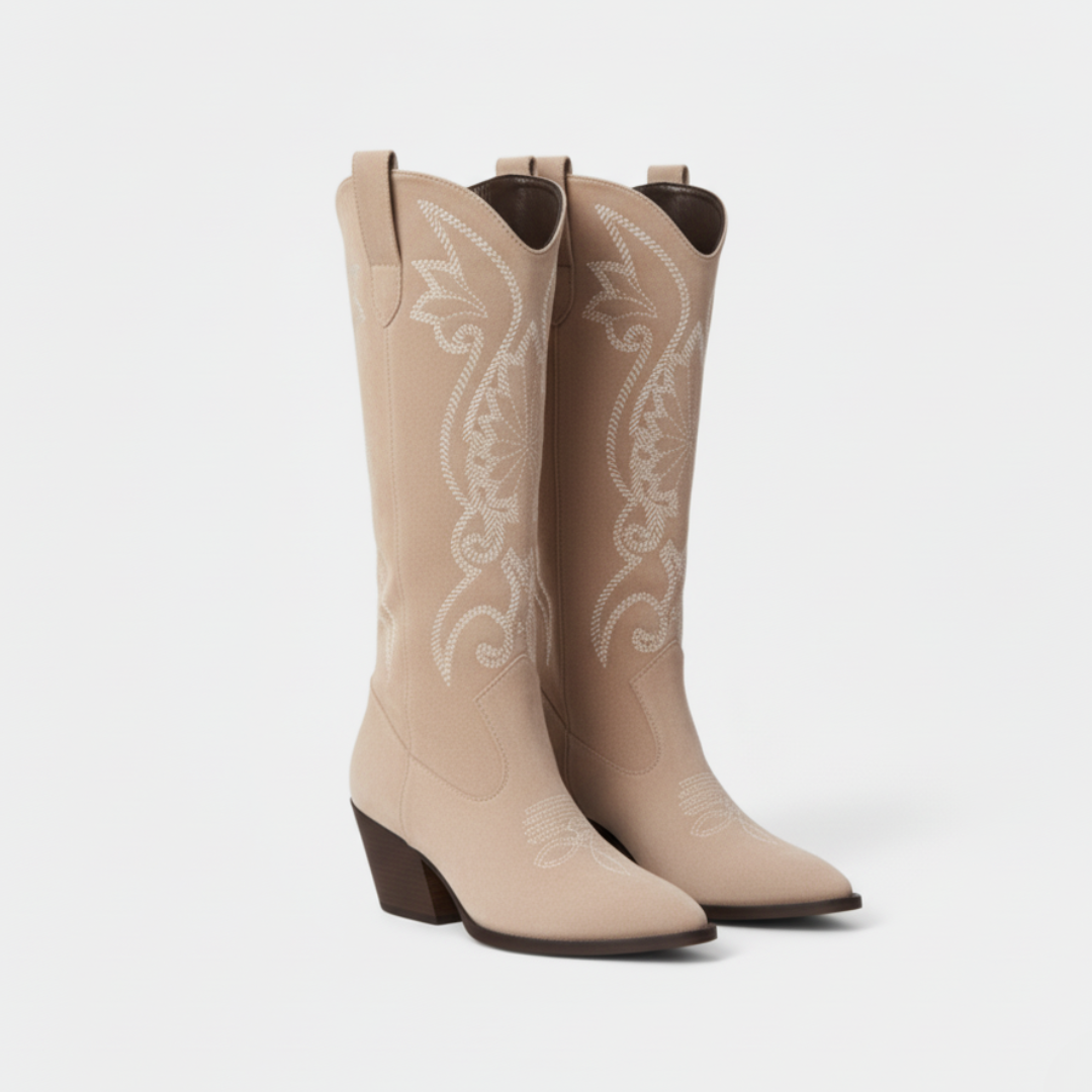 Drune | Stiefel - Kunstleder - Knielang - Bestickt Western - Blockabsatz