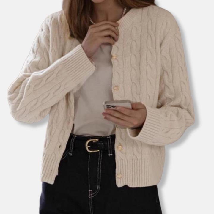 Drune | Wolle Kabelstrick Strickjacke Gekürzter Rundhals Strickjacke