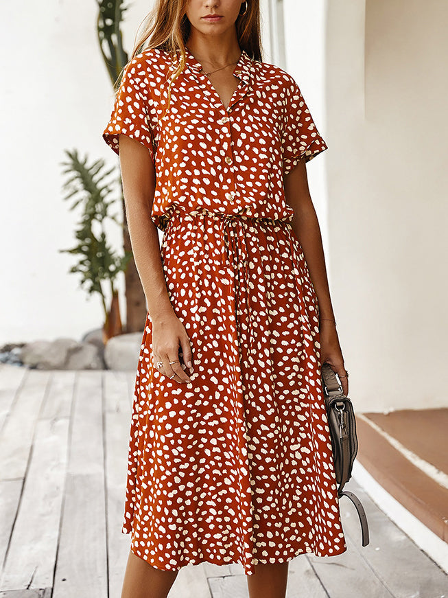 Drune | Lässiger Polka Dot V-Ausschnitt Kurzarm Midi Kleid