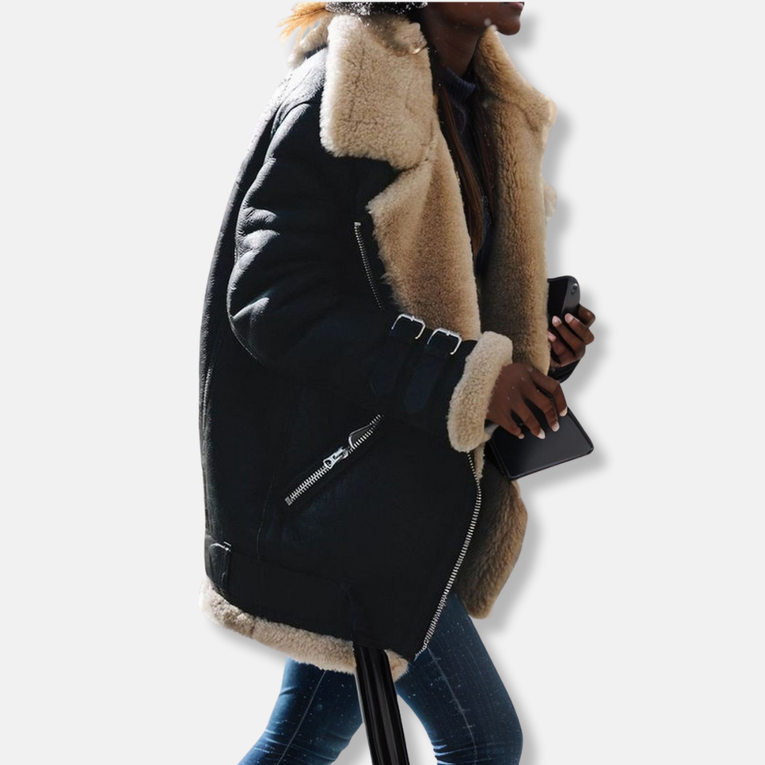 Drune | Damenmantel – Oversized Fit – Plüsch Baumwolle – Kunstfellbesatz – Reißverschluss – Schnalle Detail