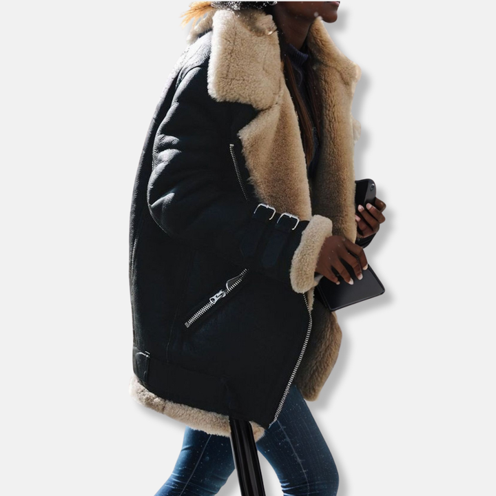 Drune | Damenmantel – Oversized Fit – Plüsch Baumwolle – Kunstfellbesatz – Reißverschluss – Schnalle Detail