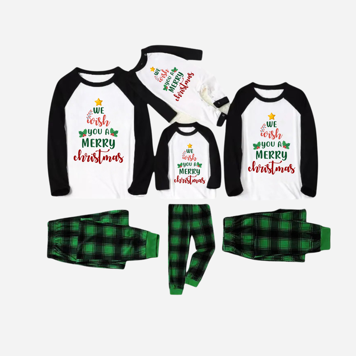 Drune | Schwarzes Raglan-Oberteil Grüner Karierter Weihnachts-Pyjama-Set Mit "We Wish You a Merry Christmas" Textdruck