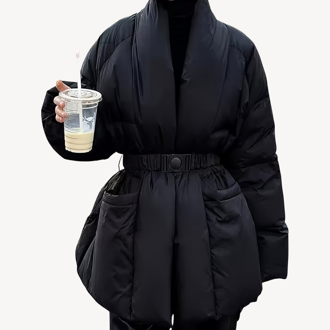 Drune | Damen Schwarze Pufferjacke mit Gürtel – Polyester