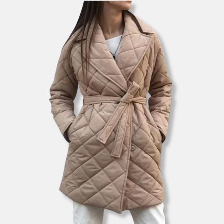 Drune | Damen Steppmantel – Mid-Length mit Gürtel – Diamantmuster – Reverskragen – Seitentaschen