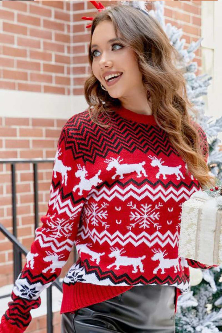 Drune | Gestreifter Weihnachtsren-Strickpullover