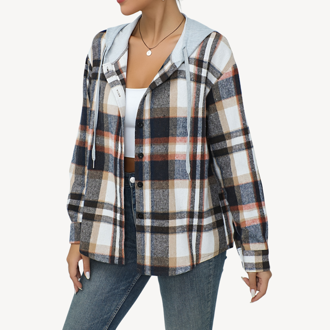 Drune | Damen Karo Button-Down Shaket mit Kapuze