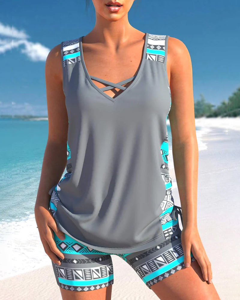 Drune Tankini-Set | Sommerliches Tankini-Set mit geometrischem V-Ausschnitt
