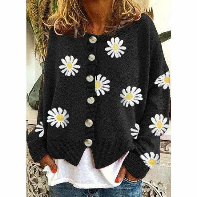 Drune | Strickjacke - Damen Herbst Blumen Knopf-Überzieh Strickjacke