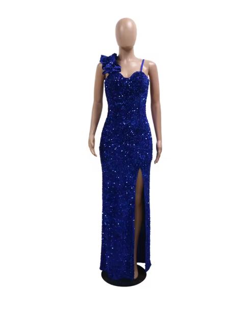Drune | Frauen Tragen Einfarbig Sexy Träger Paillett Maxi Kleid Schlitz Abendkleid
