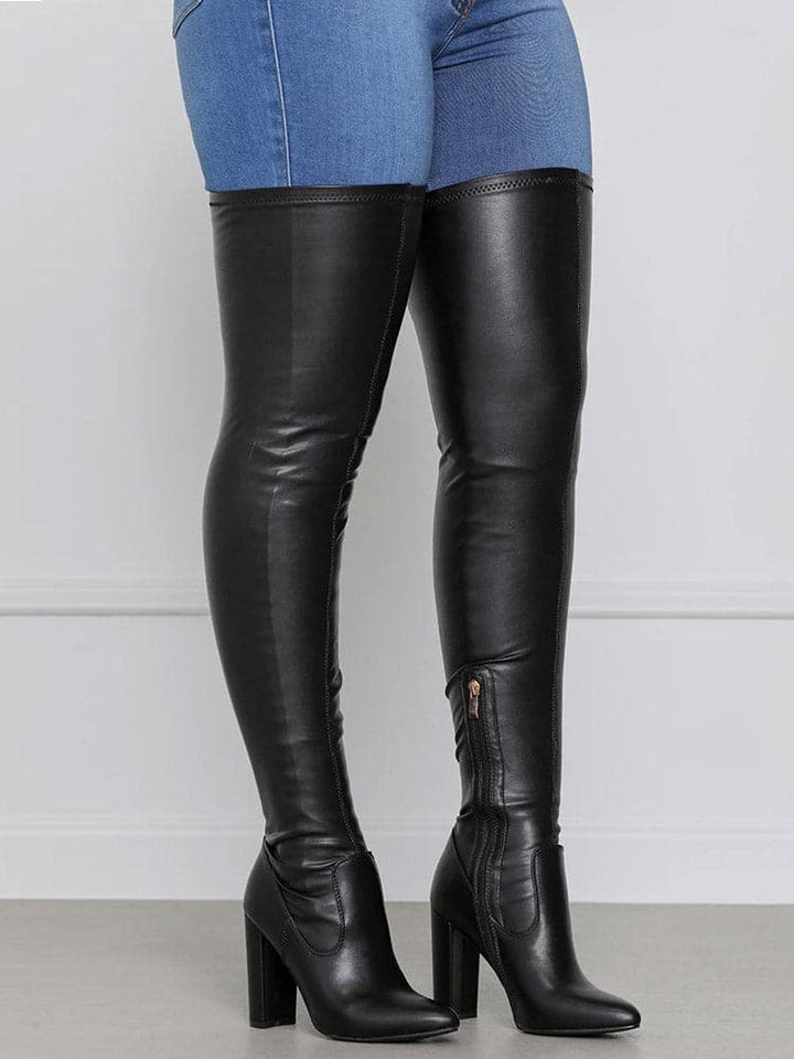Drune | Overknee Stiefel Leder Niedriger Blockabsatz Texturierte Sohle Reißverschlussverschluss