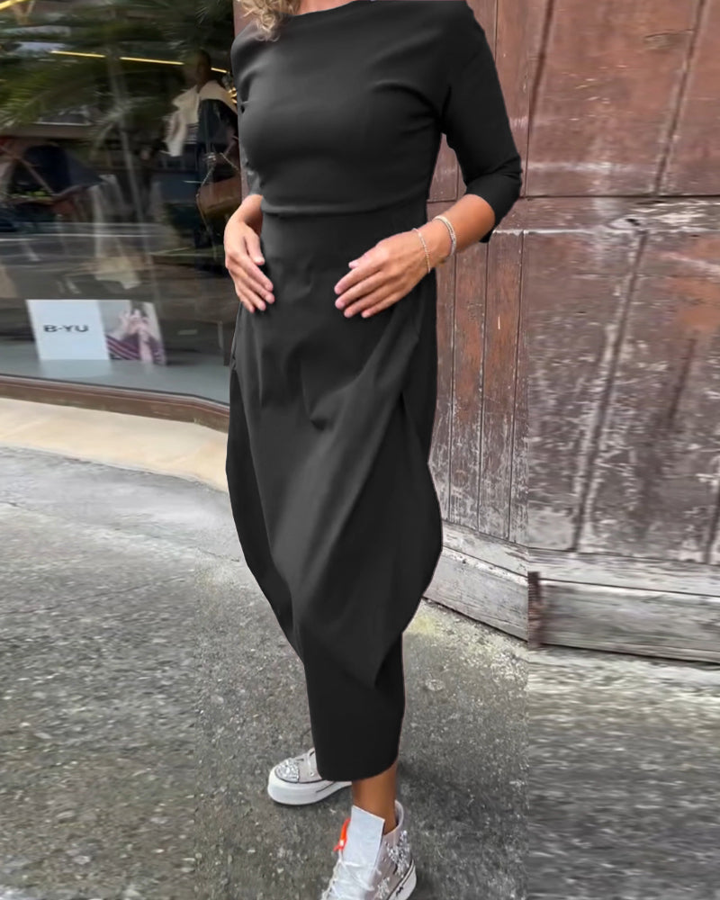Drune | Schlichtes Einfarbiges Elegantes Kleid mit Langen Ärmeln und Tasche
