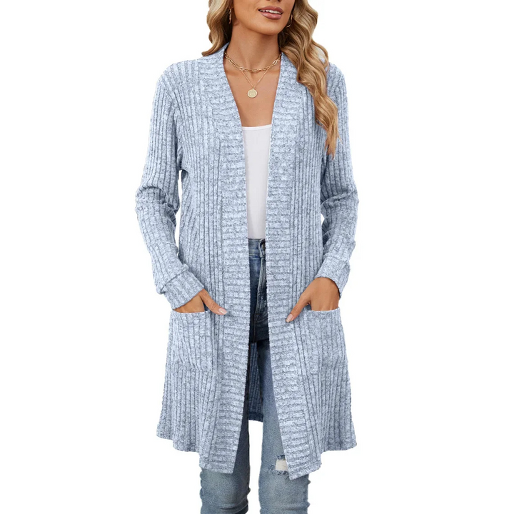 Drune | Lange Strickjacken Damen Gerippte Offene Vorderseite Jacke mit Taschen