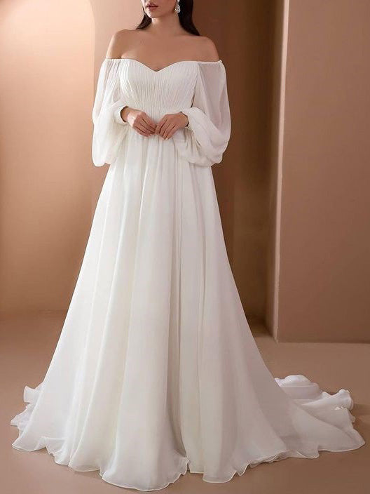Romantisches Off-Shoulder Langarm Weißes Brautkleid für Hochzeit | Drune
