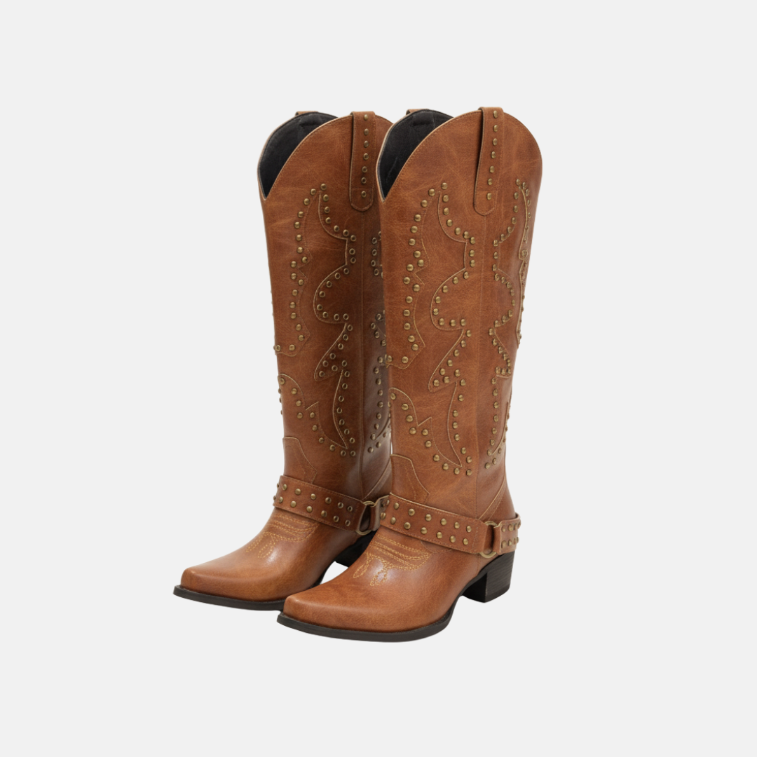 Drune | Stiefel - Kunstleder - Knielanger Schaft - Spitz zulaufende Zehe - Nieten-Detail