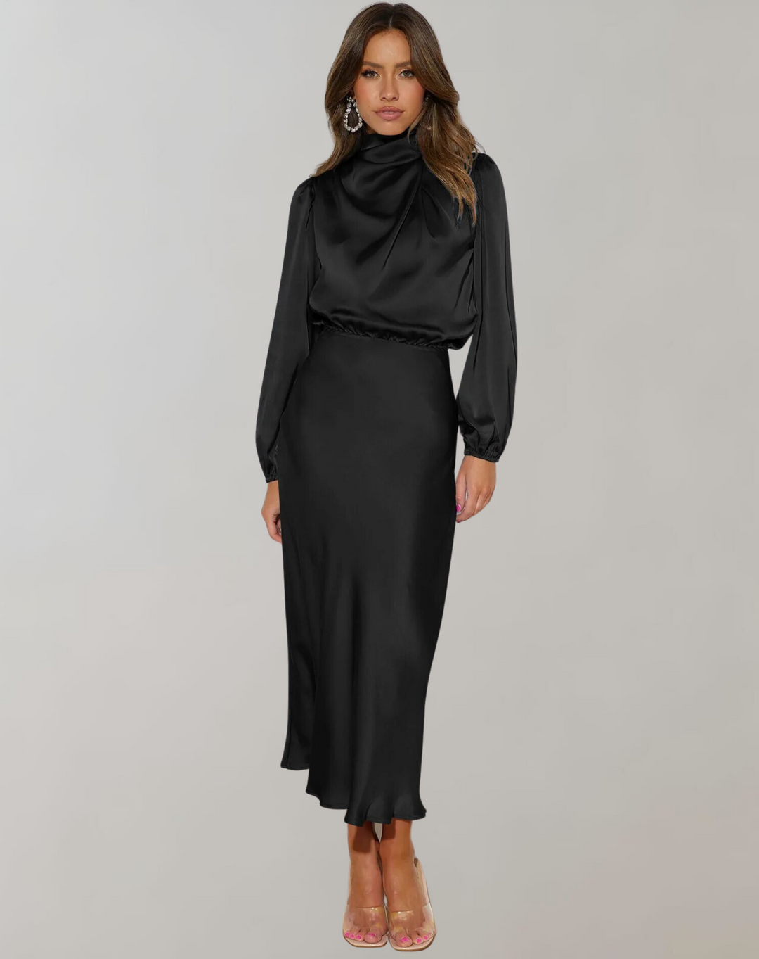 Drune | Klassisches Satin Kleid Mit Hohem Kragen Und Langen Ärmeln Für Frauen