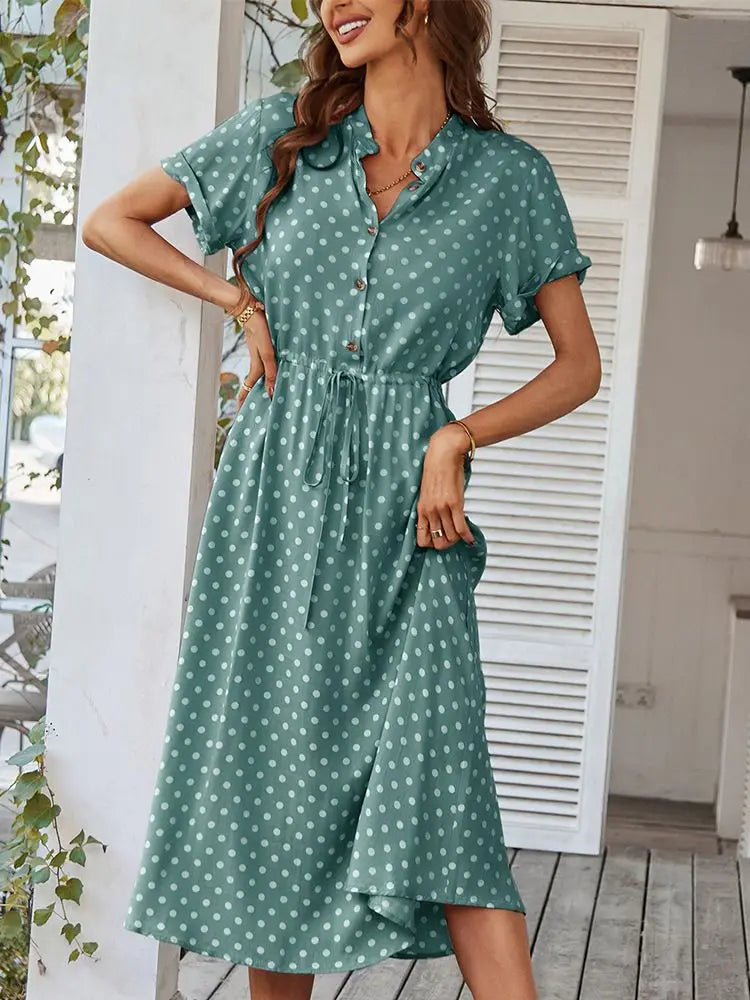 Drune | Punkte-Muster Kleid mit Bindeband und Knöpfen
