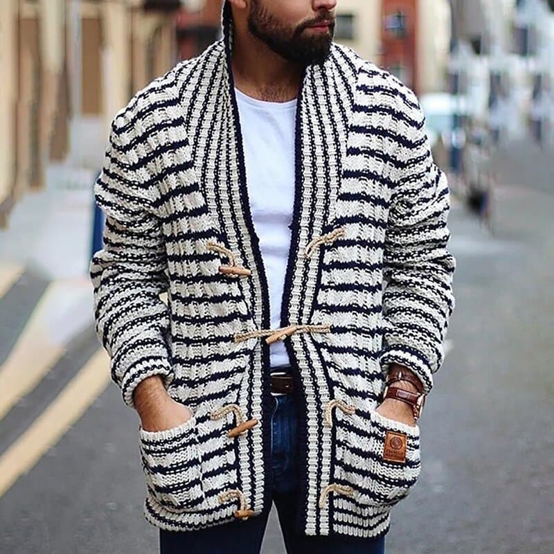 Drune | Strickjacke Streifenmuster Schalkragen Knöpfe Bequeme Passform