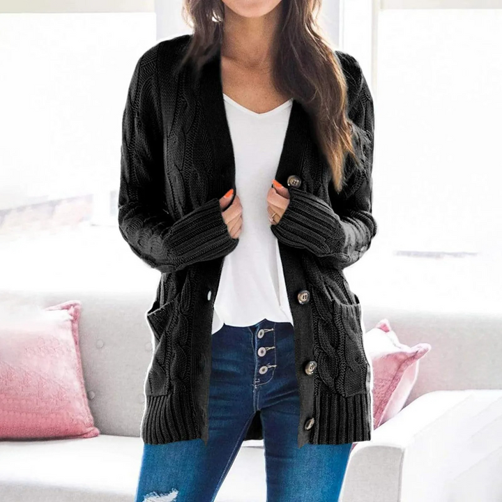 Drune | Stylische Lange Strickjacke Für Damen Mit Knopfleiste