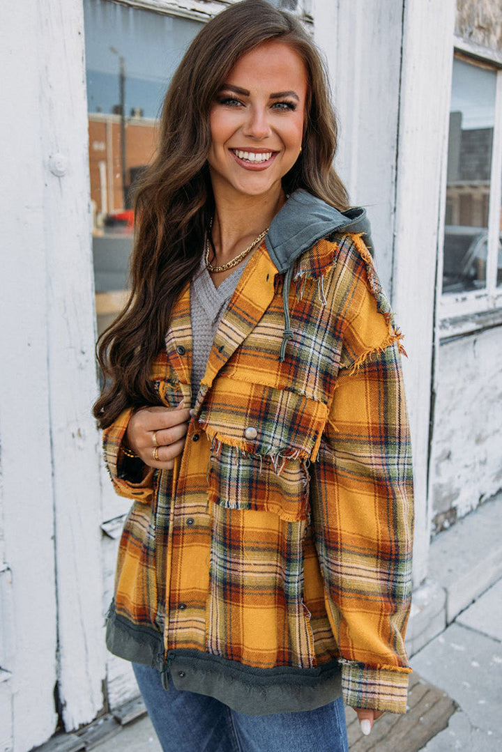 Drune | Karierte Jacke mit Kapuze und Rohen Kanten Baumwolle Lässig und Trendy