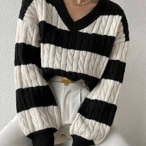 Drune | Gestreifter eleganter Pullover mit V-Ausschnitt