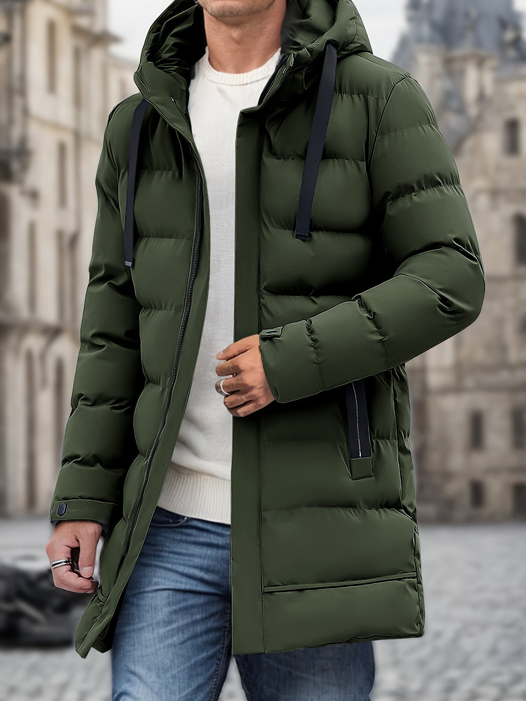 Drune |  Kapuzen Baumwollmaterial Mit Großer Tasche Und Kordelzug Winterjacke Für Herren - Perfekt für Outdoor-Aktivitäten