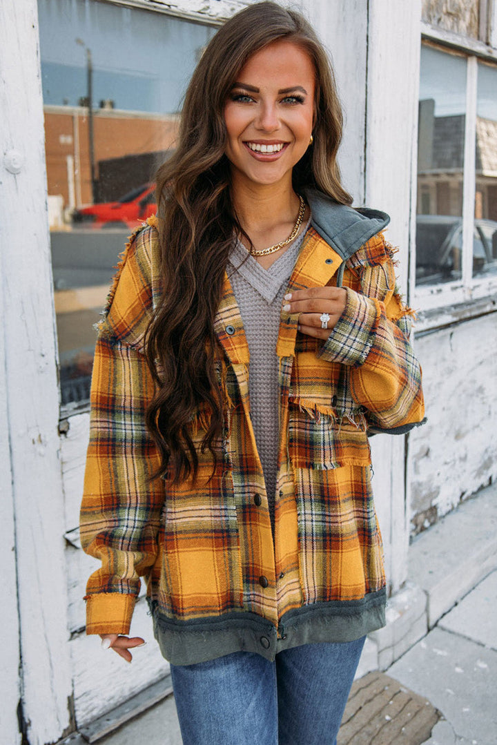 Drune | Karierte Jacke mit Kapuze und Rohen Kanten Baumwolle Lässig und Trendy
