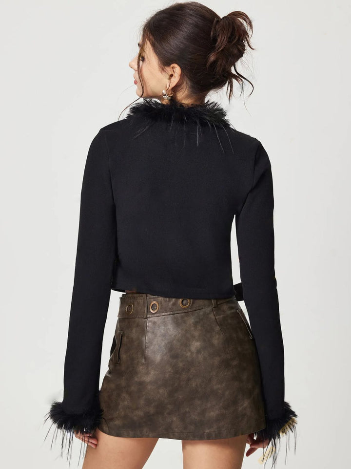 Drune | Gebunden Fuzzy Trim Langarm Strickjacke