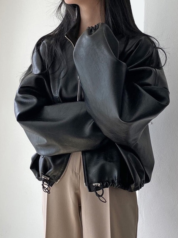 Drune | Vintage Kordelzug Veganes Lederjacke mit Kragen