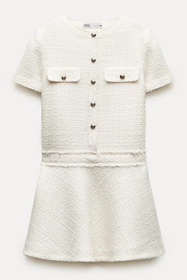 Drune | 1960Er London Girl Tweed-Texturiertes Kurzärmliges Kleid mit Goldknöpfen und Taschen