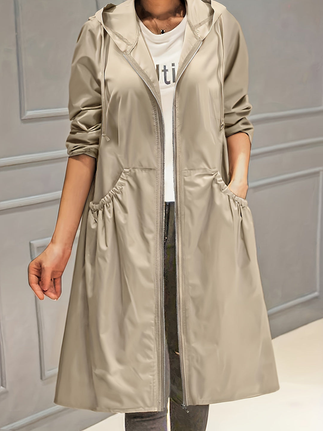 Drune | Damen Lässig Lange Jacke Mit Kapuze Und Reißverschluss