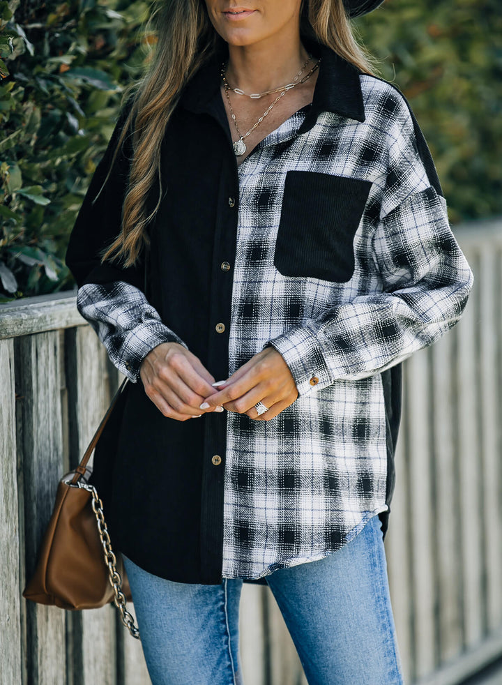 Drune | Karierte Farbblock Gefallen Schulter Corduroy Shacket